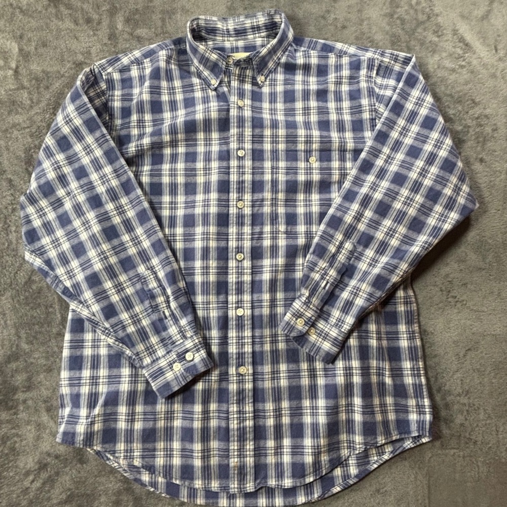 Eddie Bauer Mens Blue White Plaid Long Sleeve Button Down Shirt Single Pocket M